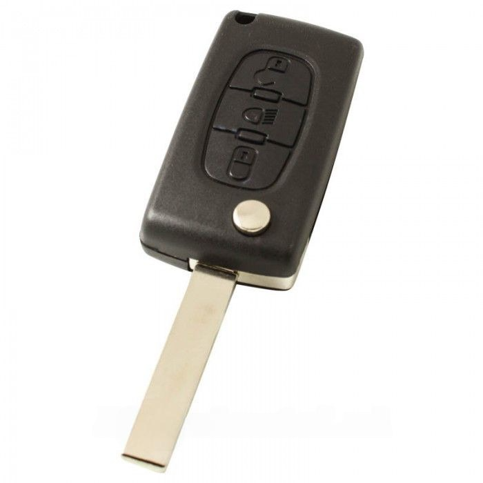 Peugeot 3-knapps viknyckel - nyckelblad rakt med skåra på sidan - batteri på chip - tryckknapp för lampor main product photo
