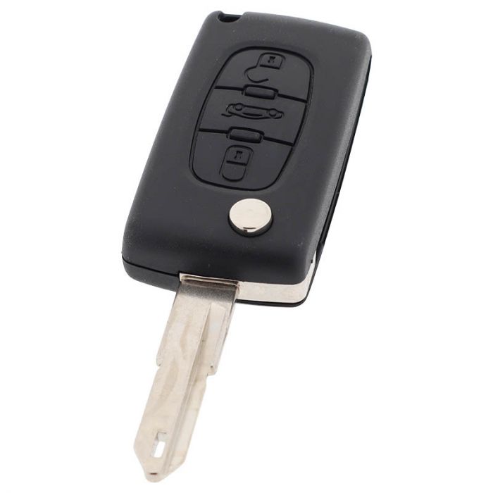 Peugeot 3-knapps viknyckel - nyckelbladspunkt med öppning - batteri i hölje - tryckknapp för bagageutrymme main product photo