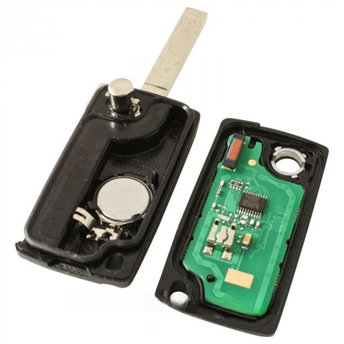 Peugeot 2-knops klapsleutel - sleutelbaard recht met elektronica 433MHZ - ID46 transponder - batterij behuizing