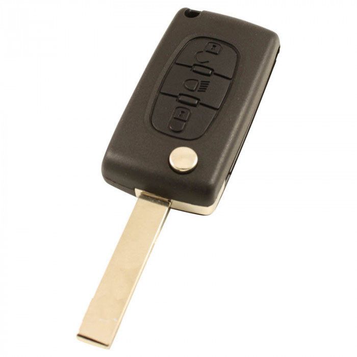 Citroën vikbar nyckel med 3 knappar - nyckelblad rakt med skåra på sidan - batteri i hölje - tryckknapp för belysning main product photo
