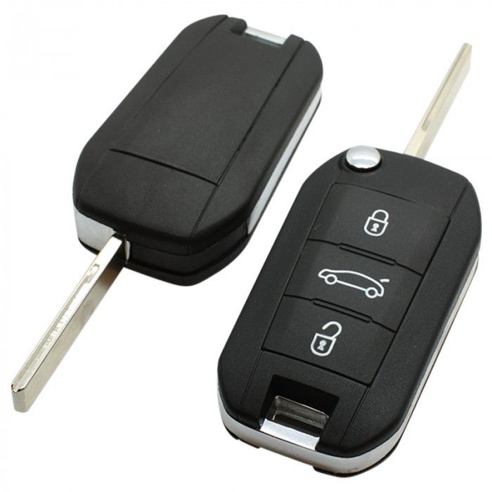 Peugeot 3-knapps viknyckel - nyckelblad rakt med skårsida med elektronik 433MHZ - PCF7941 - Hitag - AES 4A transponder